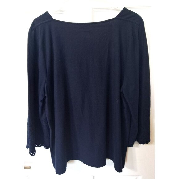 J.Jill Women's XL Petite Long Sleeve Navy Eyelet Edged Square Neck Top - Picture 3 of 9
